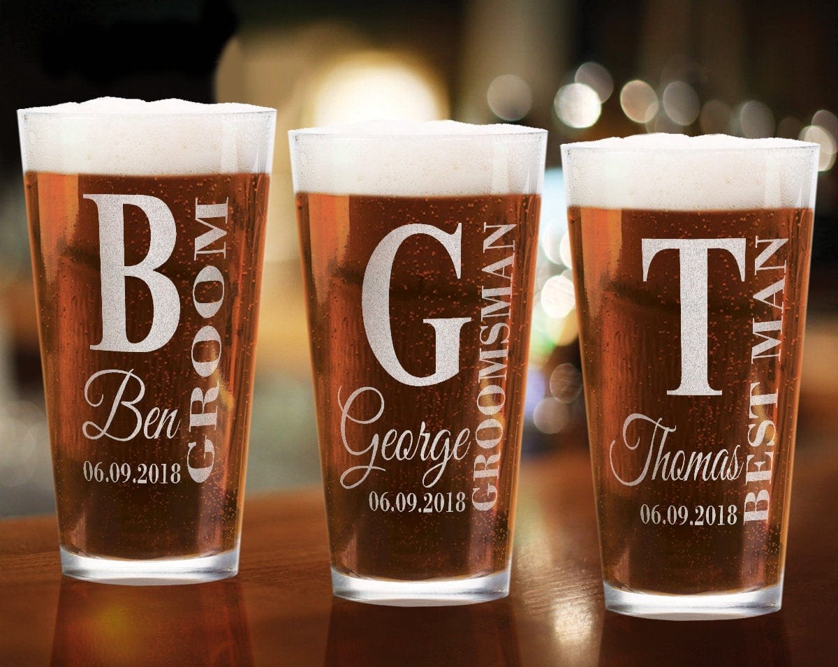 WEDDINGS Groom Bride Wedding Proposal Favors Pint Glass Personalized Engraved for Groomsmen and Bridesmaid Dad Mom Thank You Gift Idea Team Groom