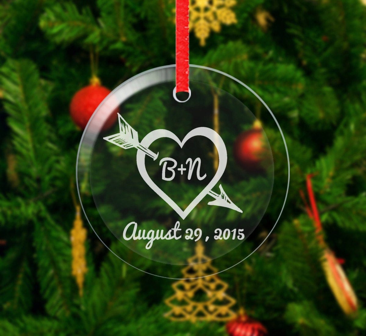 WEDDINGS Heart Arrow Glass Christmas Ornament Personalized Christmas Ornaments Couple Gift Engraved Initials Date Boyfriend Girlfriend Engagement