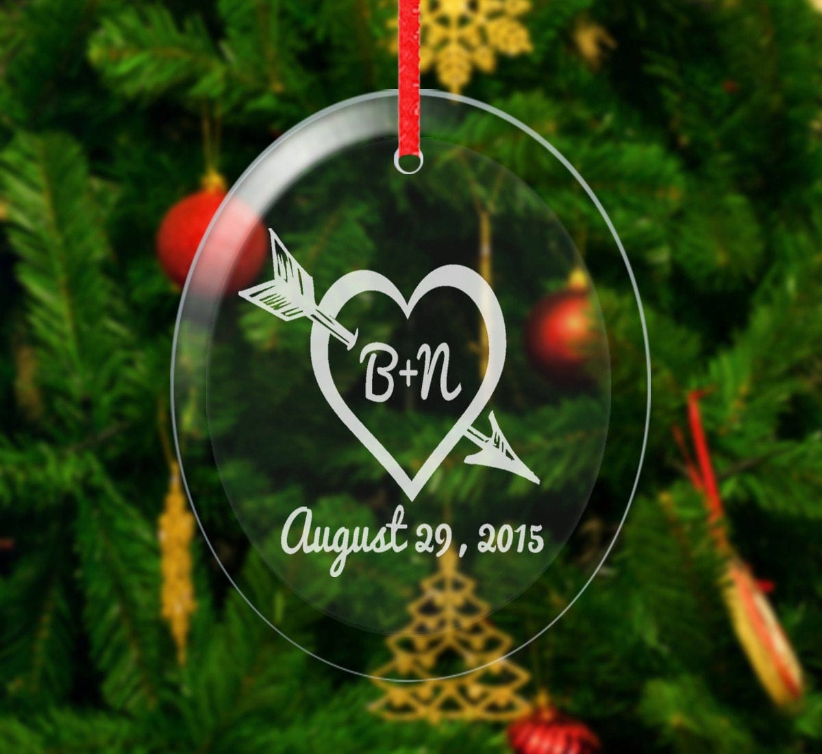WEDDINGS Heart Arrow Glass Christmas Ornament Personalized Christmas Ornaments Couple Gift Engraved Initials Date Boyfriend Girlfriend Engagement