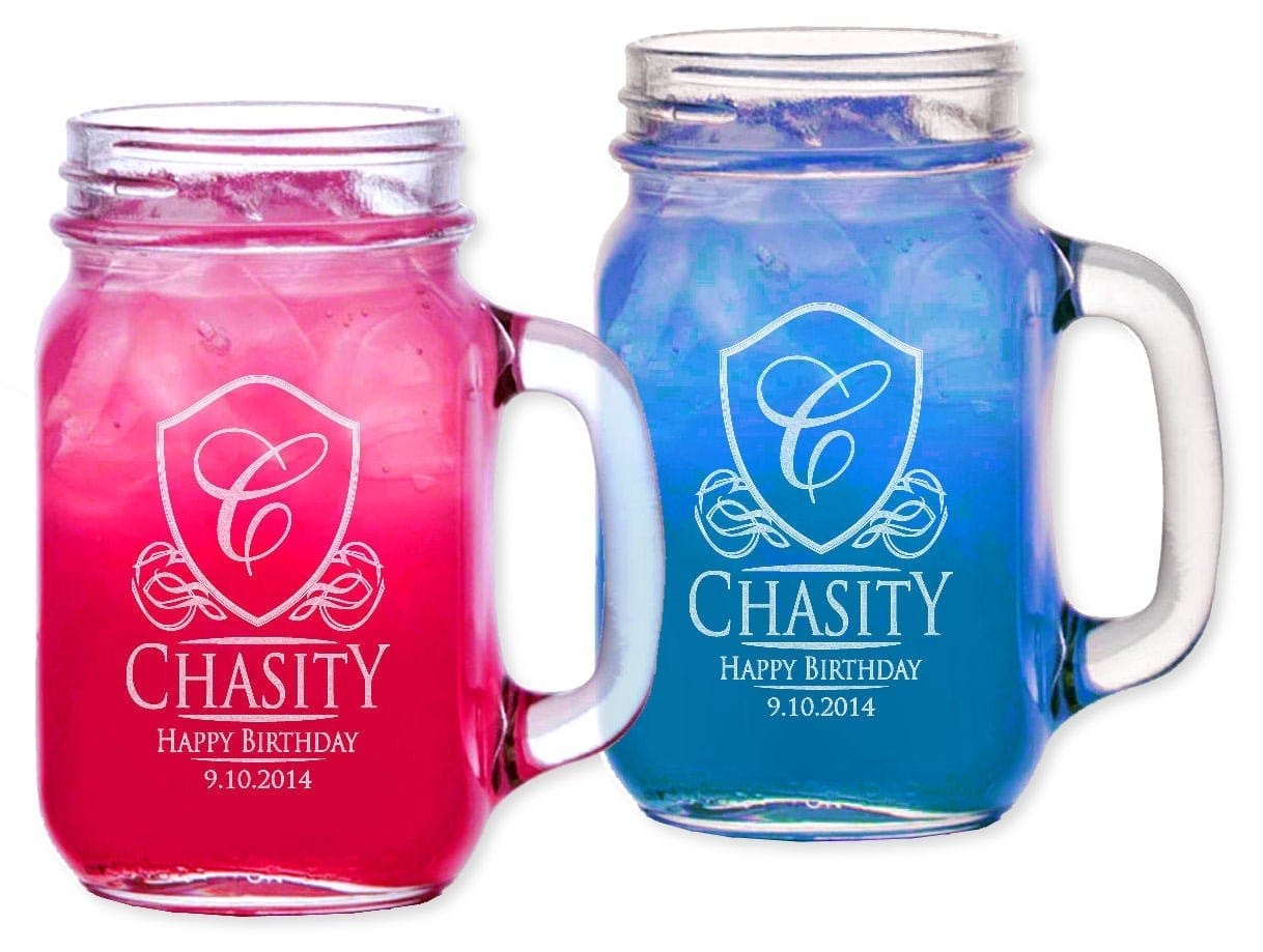 WEDDINGS Heraldic Initial  SINGLE Birthday Gift Idea Mason Jars with Handle Mug Drinking Glasses for Mom Best Friend Her Sister Couple Party Favor