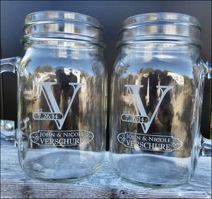 WEDDINGS Initial Mason Jar Wedding Glasses Custom  Name Date Wedding Party Personalized Mugs with Handle Bridesmaid Groomsmen Wedding Favor Gift