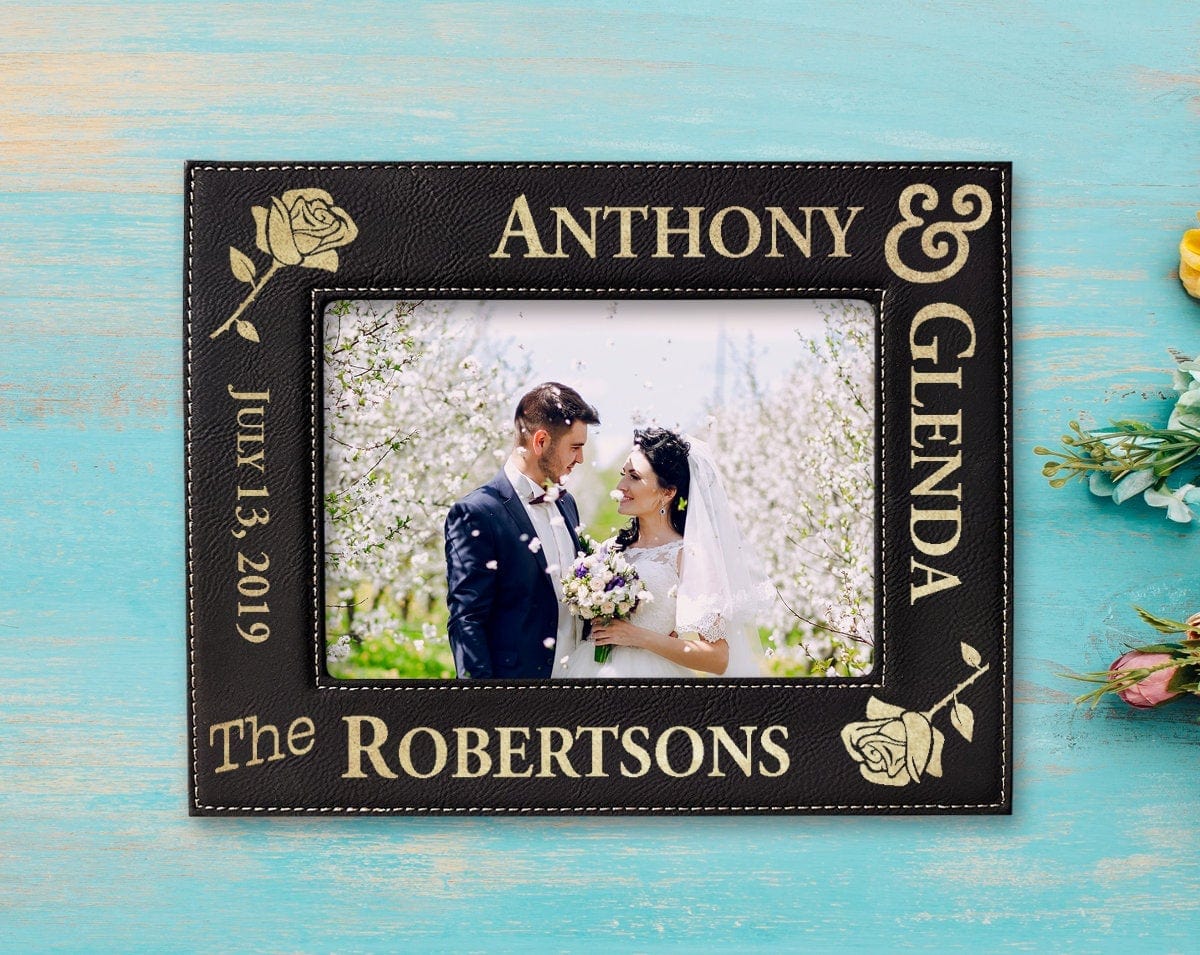 WEDDINGS Leather Future Bride Groom Couples Gold or Silver Engraved Frame Newlyweds Mr. Mrs. Wife Husband 50th Anniversary Day of Wedding Gift Decor