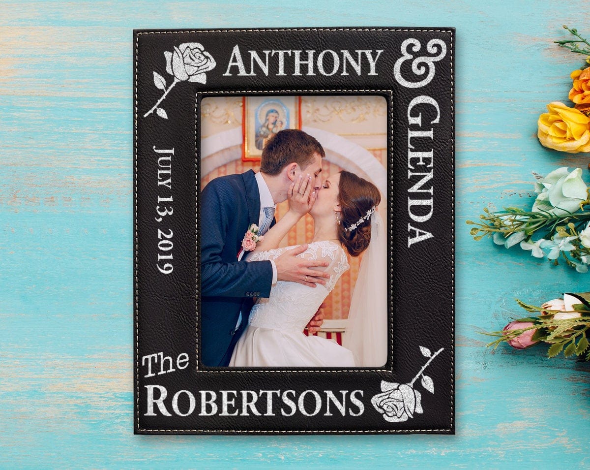 WEDDINGS Leather Future Bride Groom Couples Gold or Silver Engraved Frame Newlyweds Mr. Mrs. Wife Husband 50th Anniversary Day of Wedding Gift Decor