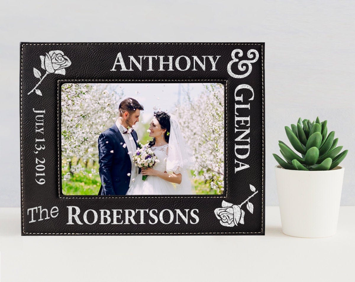 WEDDINGS Leather Future Bride Groom Couples Gold or Silver Engraved Frame Newlyweds Mr. Mrs. Wife Husband 50th Anniversary Day of Wedding Gift Decor