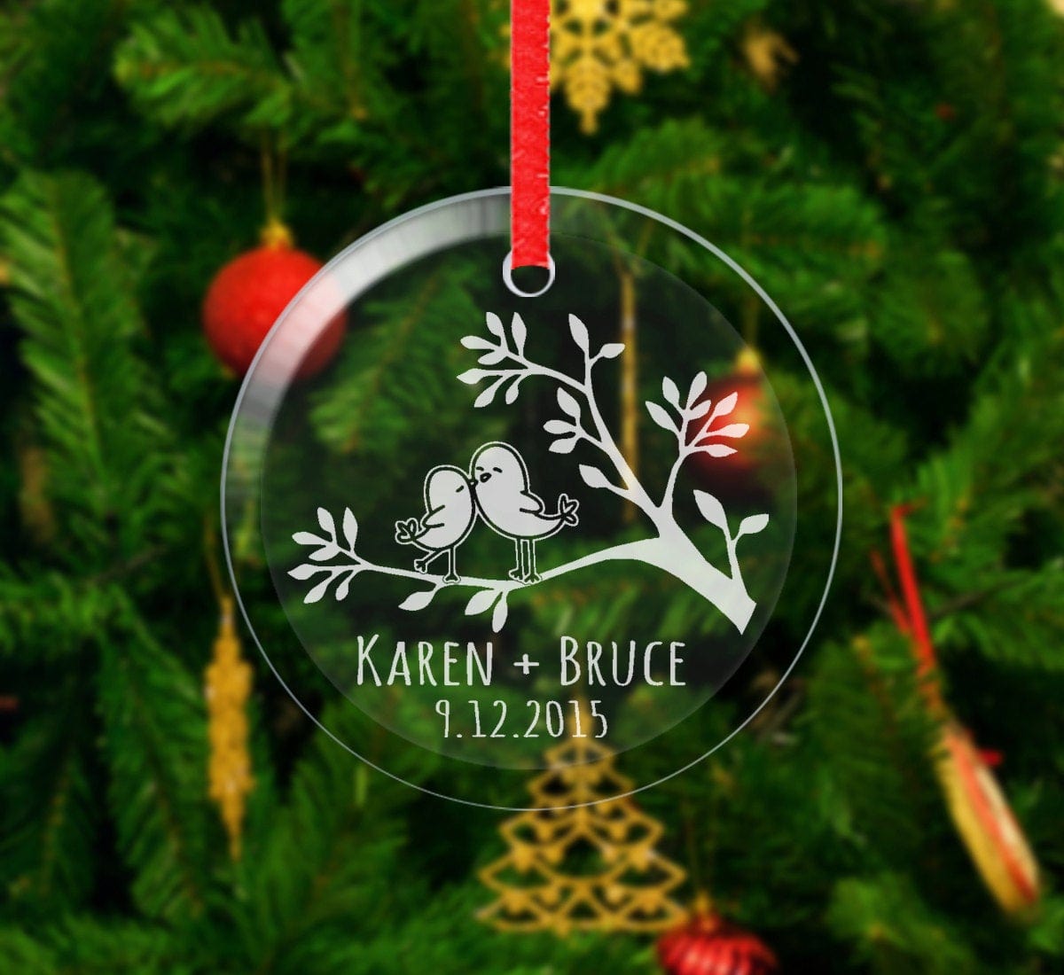 WEDDINGS Love Birds Personalized Christmas Ornament Glass Etched First Christmas Couple Gift Boyfriend Girlfriend Engraved Names Date Wedding