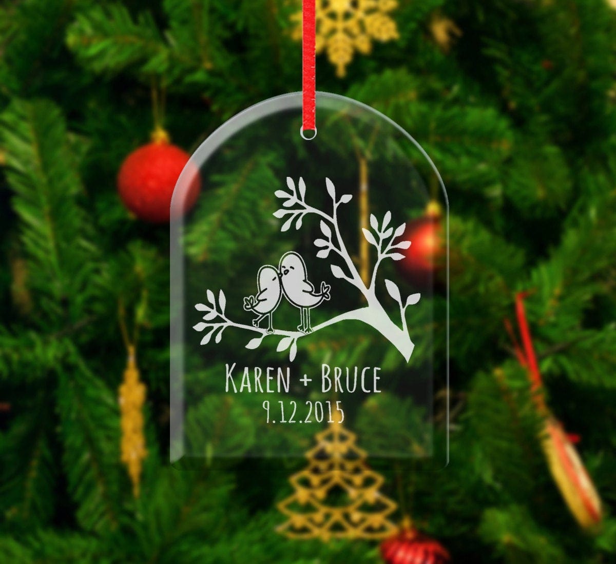 WEDDINGS Love Birds Personalized Christmas Ornament Glass Etched First Christmas Couple Gift Boyfriend Girlfriend Engraved Names Date Wedding