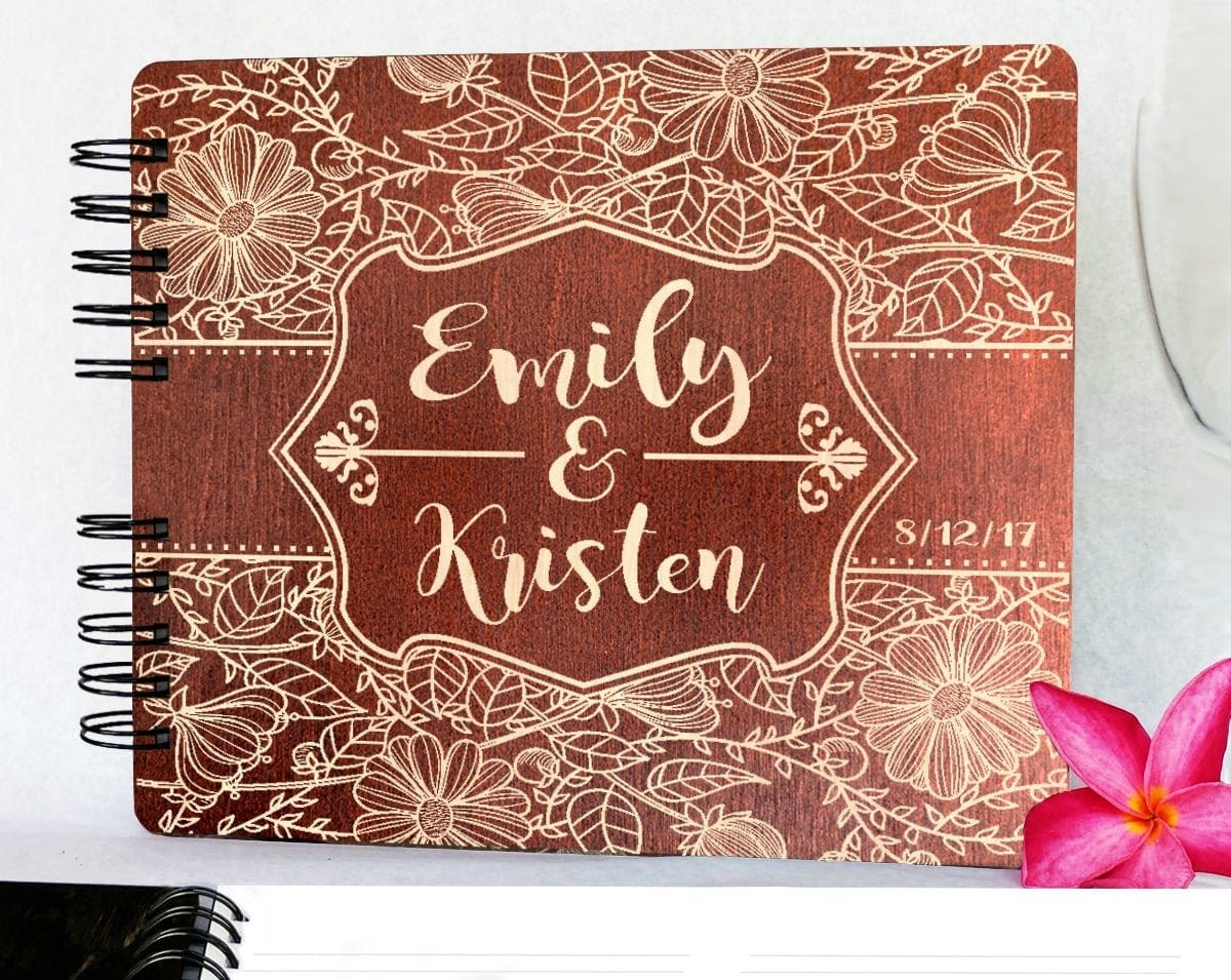 WEDDINGS Mahogany 80 Pages / Blank Pages Personazlied Flower Design Wedding Guest Book 8.5x7 Rustic Wood Engraved Unique Bride Groom Guest Album Anniversary Guestbook