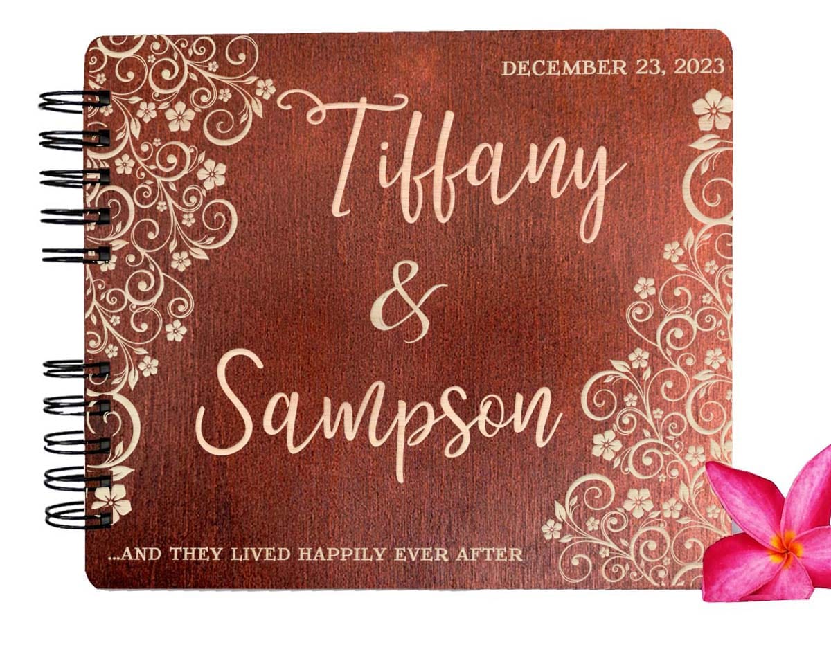WEDDINGS Mahogany 80 Pages / Ivory Blank Paper Wooden Ever After Flower Wedding Custom Guest Book 8.7x7 Mahogany Stain Husband Wife Anniversary Guestbook Bridal Shower Favor Advice Book