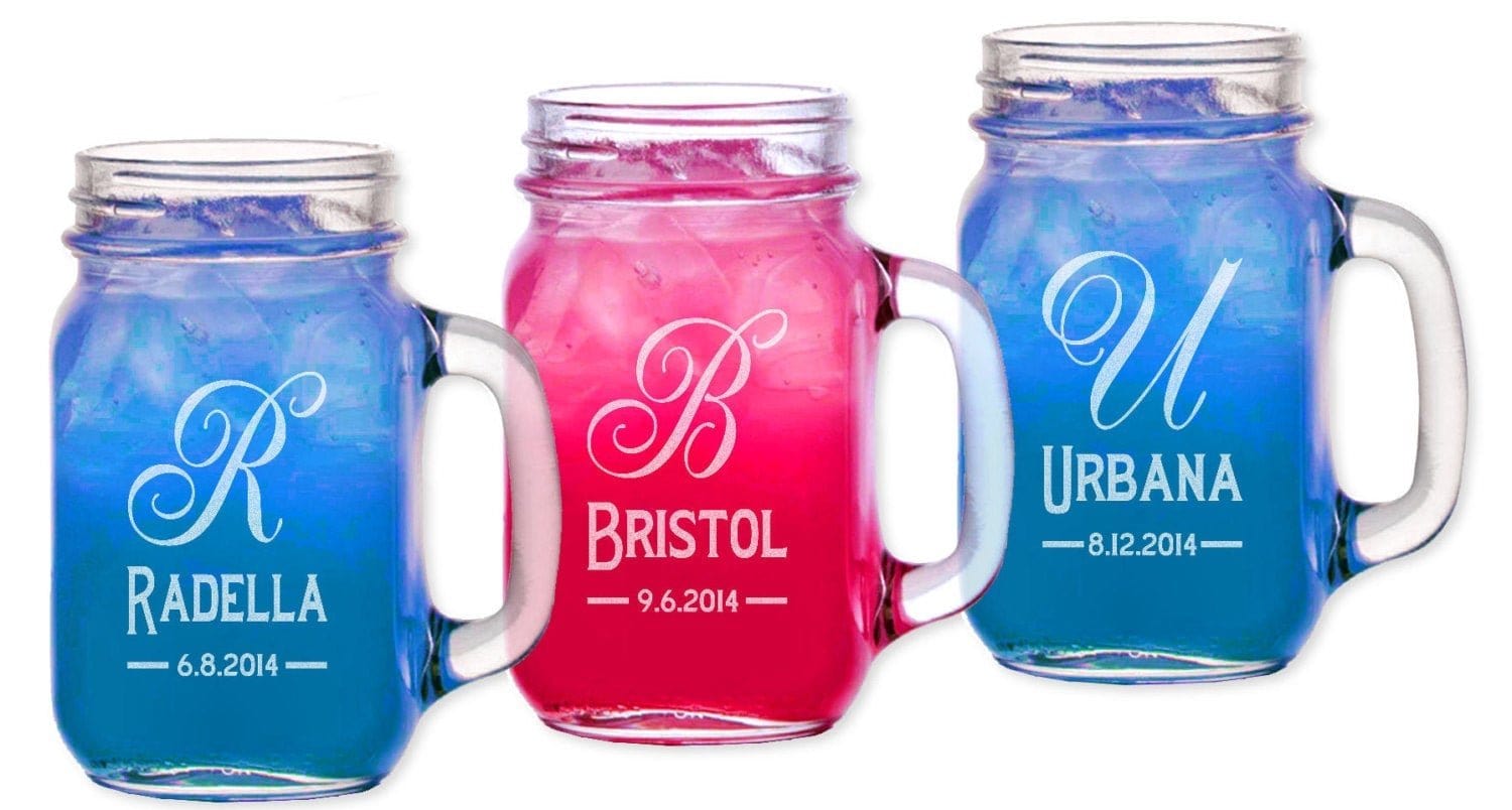 WEDDINGS Monogrammed Initial Personalized Party Drink Mason Jars with Handle Engraved Groomsmen Favor Bridesmaid Gift Idea Wedding Birthday