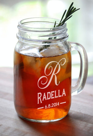 WEDDINGS Monogrammed Initial Personalized Party Drink Mason Jars with Handle Engraved Groomsmen Favor Bridesmaid Gift Idea Wedding Birthday