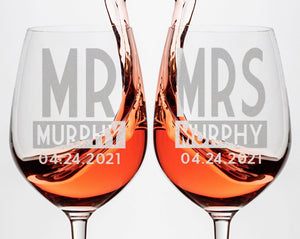 WEDDINGS Mr Mrs Set of 2 Personalized Stem Wine Glass for Bride Groom Newly Married Future Soon to Be Engaged Gift His Her Glasses Couples Engraved