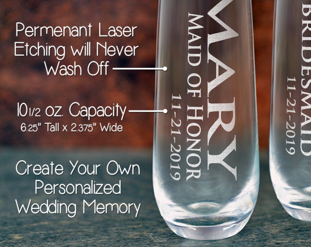 WEDDINGS Name Glass Stemless Champagne Flutes Bridal Party Gifts for Her Custom Proposal Bride Engraved Wine Idea Personalized Maid of Honor Flute
