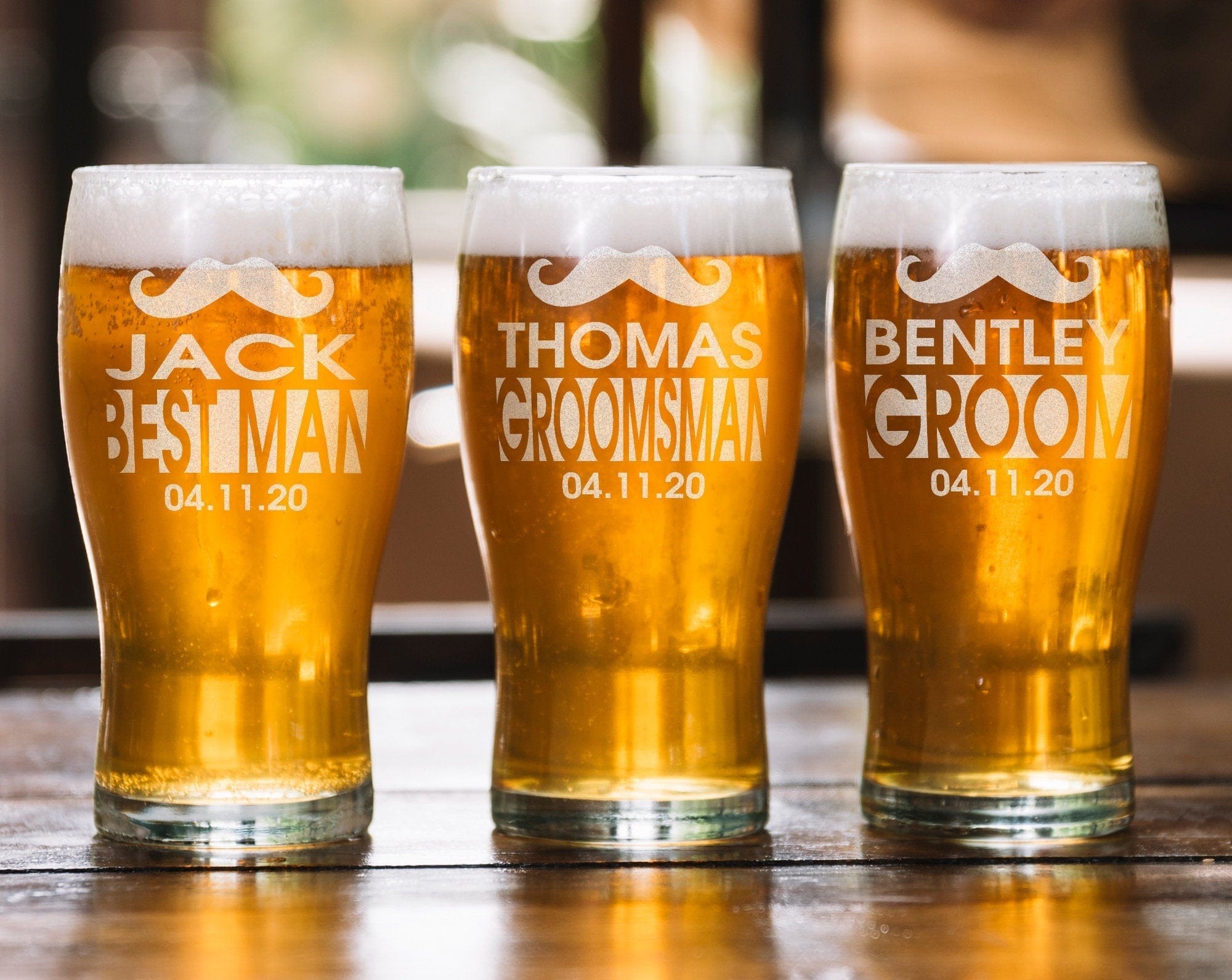 WEDDINGS One Custom Engraved Groomsmen Proposal Mustache Bachelor Party Favors Pub Style Beer Glass for Men Home Bar Drinking Glasses Groom Gift