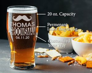 WEDDINGS One Custom Engraved Groomsmen Proposal Mustache Bachelor Party Favors Pub Style Beer Glass for Men Home Bar Drinking Glasses Groom Gift