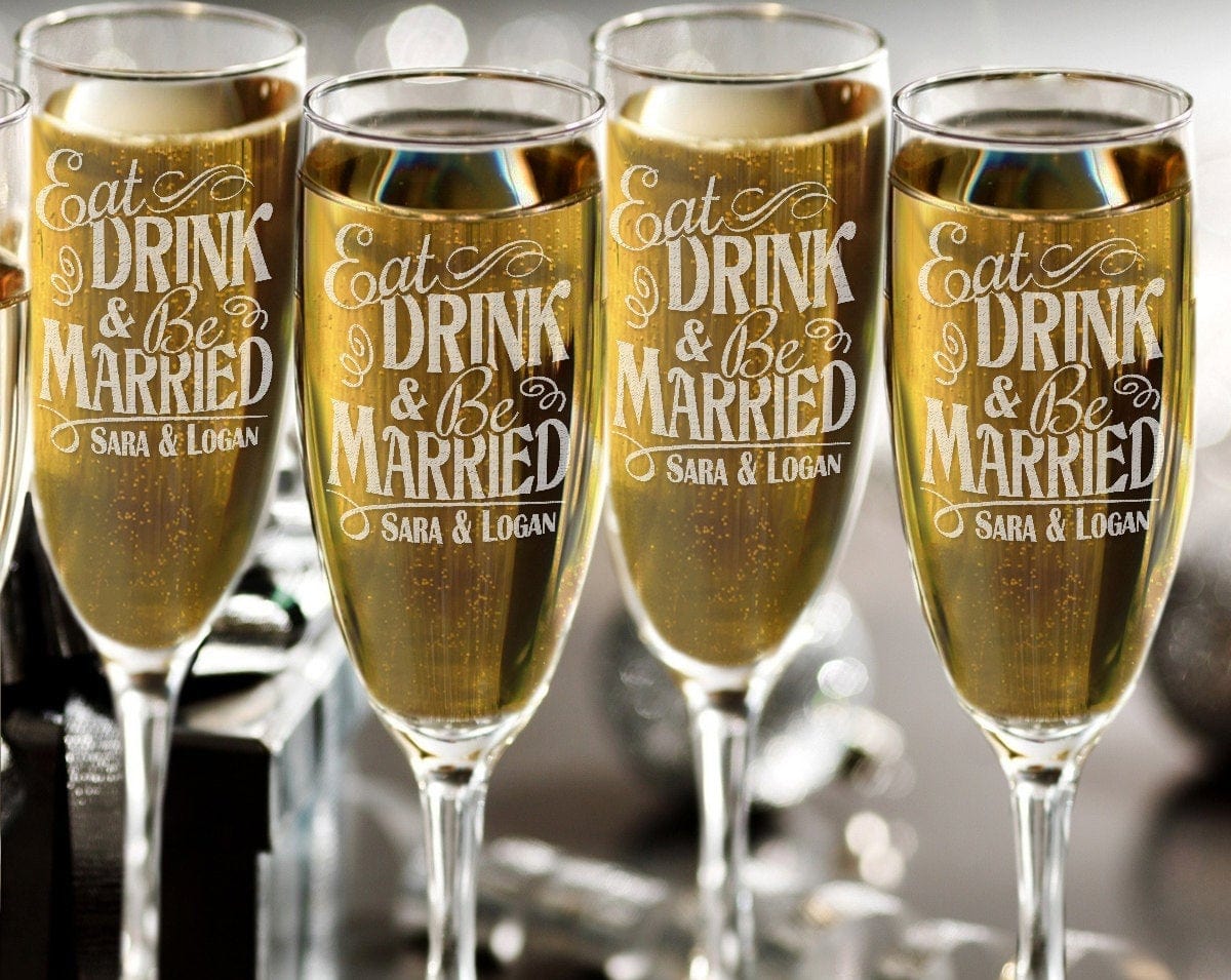 WEDDINGS ONE Eat Drink and Be Married Champagne Glass Flutes Wedding Party Gift Newly Married Wedding Shower Present Idea Custom Gift for Bride Groom