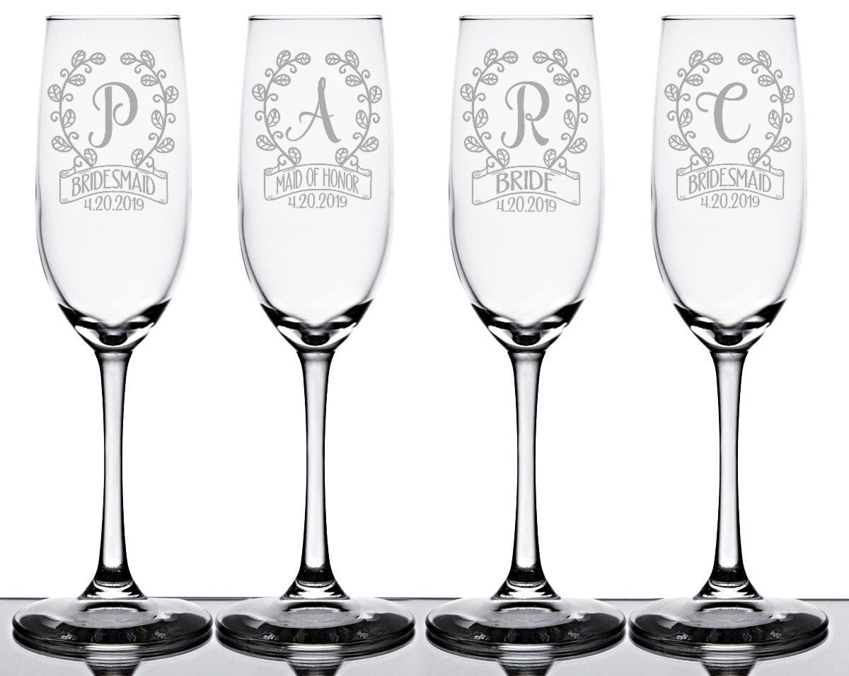 WEDDINGS ONE Monogram Initial Wreathe Classy Champagne Flute Personalized Engraved Wedding Anniversary Glass Bridal Shower Favors Graduation Gifts