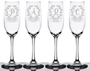 WEDDINGS ONE Monogram Initial Wreathe Classy Champagne Flute Personalized Engraved Wedding Anniversary Glass Bridal Shower Favors Graduation Gifts