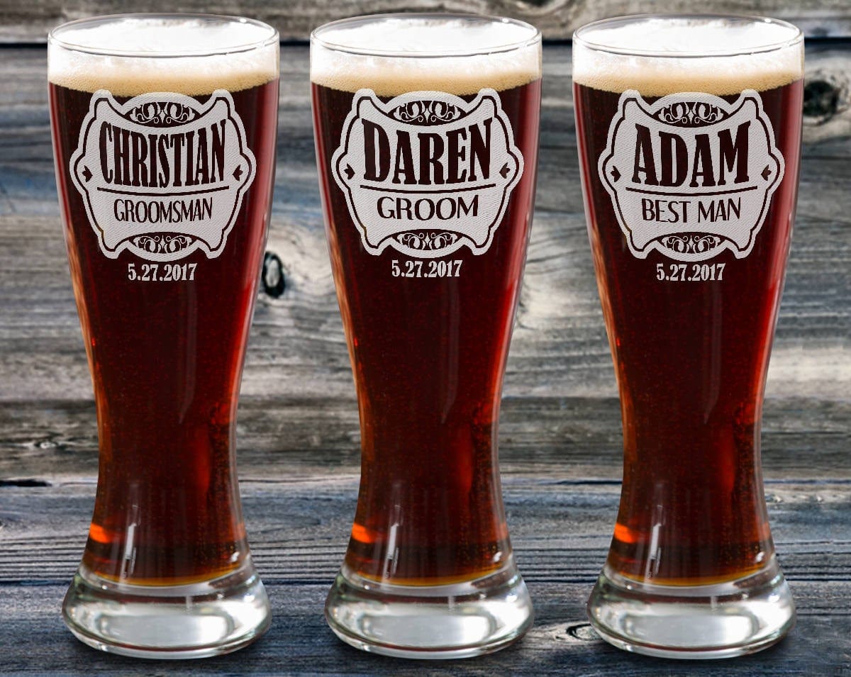 WEDDINGS ONE Wedding Party Favor Personalized Pilsner Glass- Groomsmen Gifts Custom Engraved Beer Glass for Him Best Man Gift Father of the Groom Mug