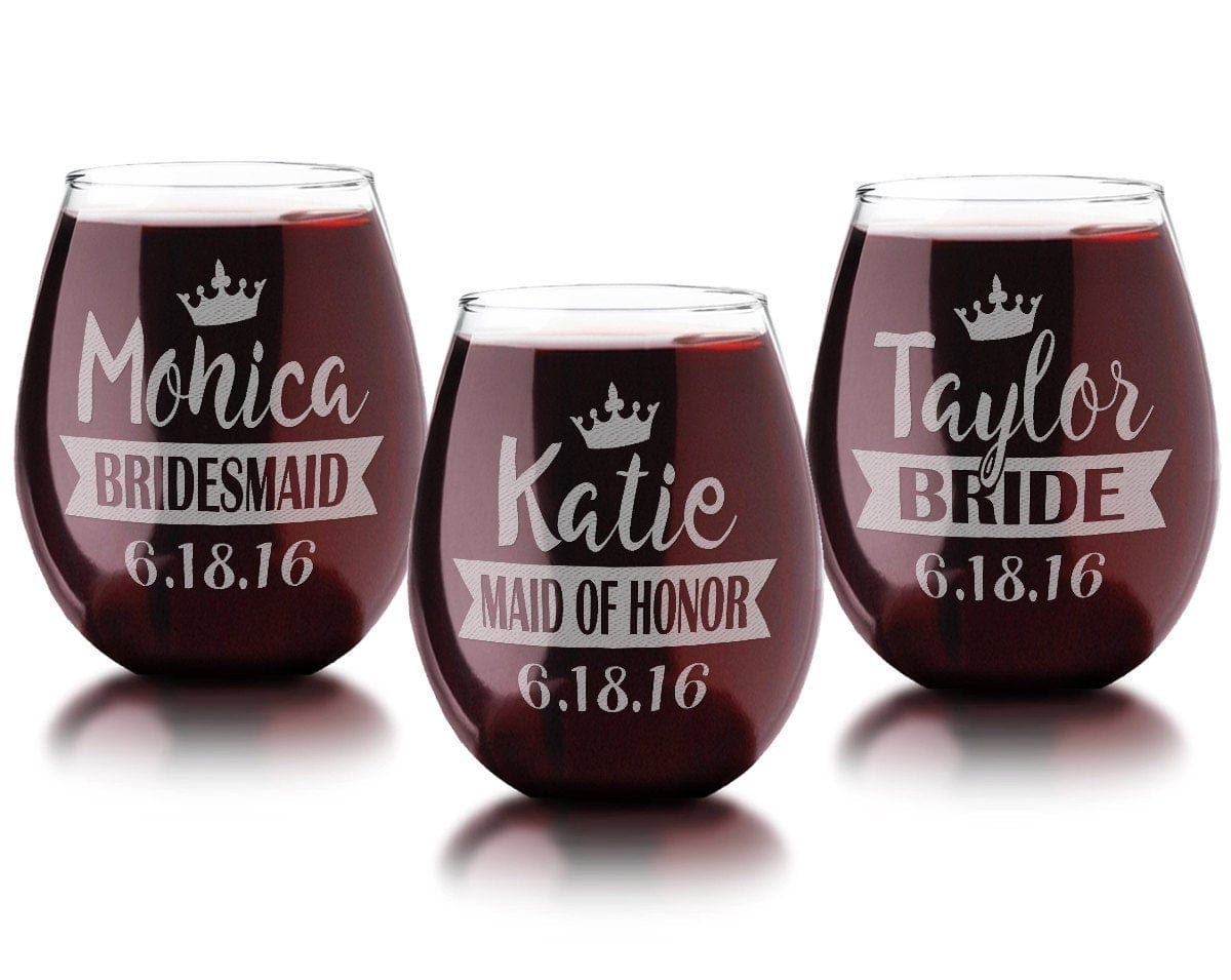 WEDDINGS Personalized Crown Stemless Wine Glass Wedding Reception Rehearsal Toasting Glasses 21Oz Maid of Honor Bride Will You Be My Bridesmaid?