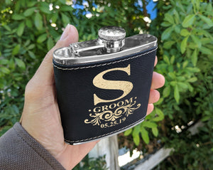 WEDDINGS Personalized Monogram Initial Engraved Gold Black Flask for Man Woman's Birthday Gift For Husband Leather Custom Gifts Wedding Bridal Shower