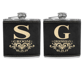 WEDDINGS Personalized Monogram Initial Engraved Gold Black Flask for Man Woman's Birthday Gift For Husband Leather Custom Gifts Wedding Bridal Shower