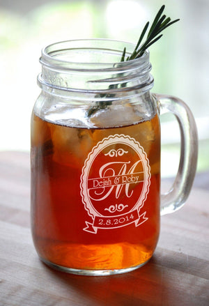 WEDDINGS Personalized Monogram Wedding  Anniversary Mugs 16 Oz Mason Jars Engraved Gift for Groomsmen Bridesmaid Favor Idea Custom Etched Glass