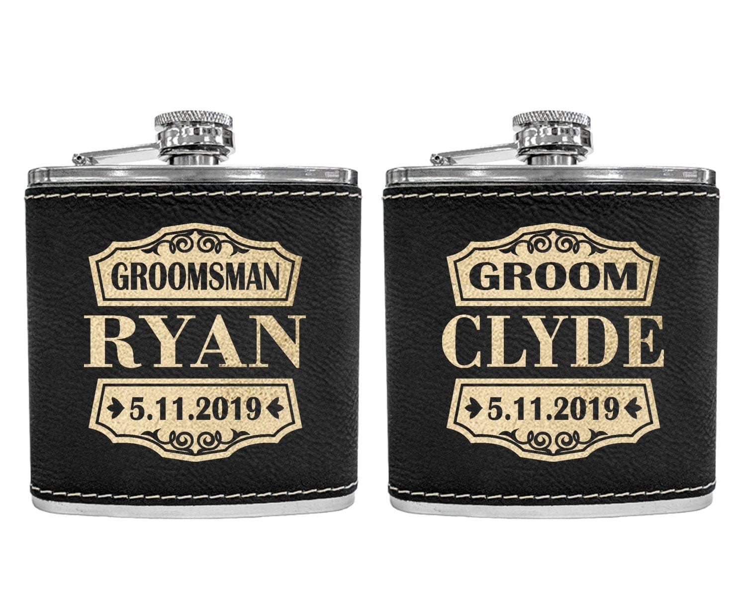WEDDINGS Retro Classy Customize Black Leather Flask with Gold Engraving for Wedding Birthday Gift for Dad Husbands Present Unique Wife Gifts Best Man