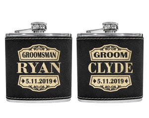 WEDDINGS Retro Classy Customize Black Leather Flask with Gold Engraving for Wedding Birthday Gift for Dad Husbands Present Unique Wife Gifts Best Man