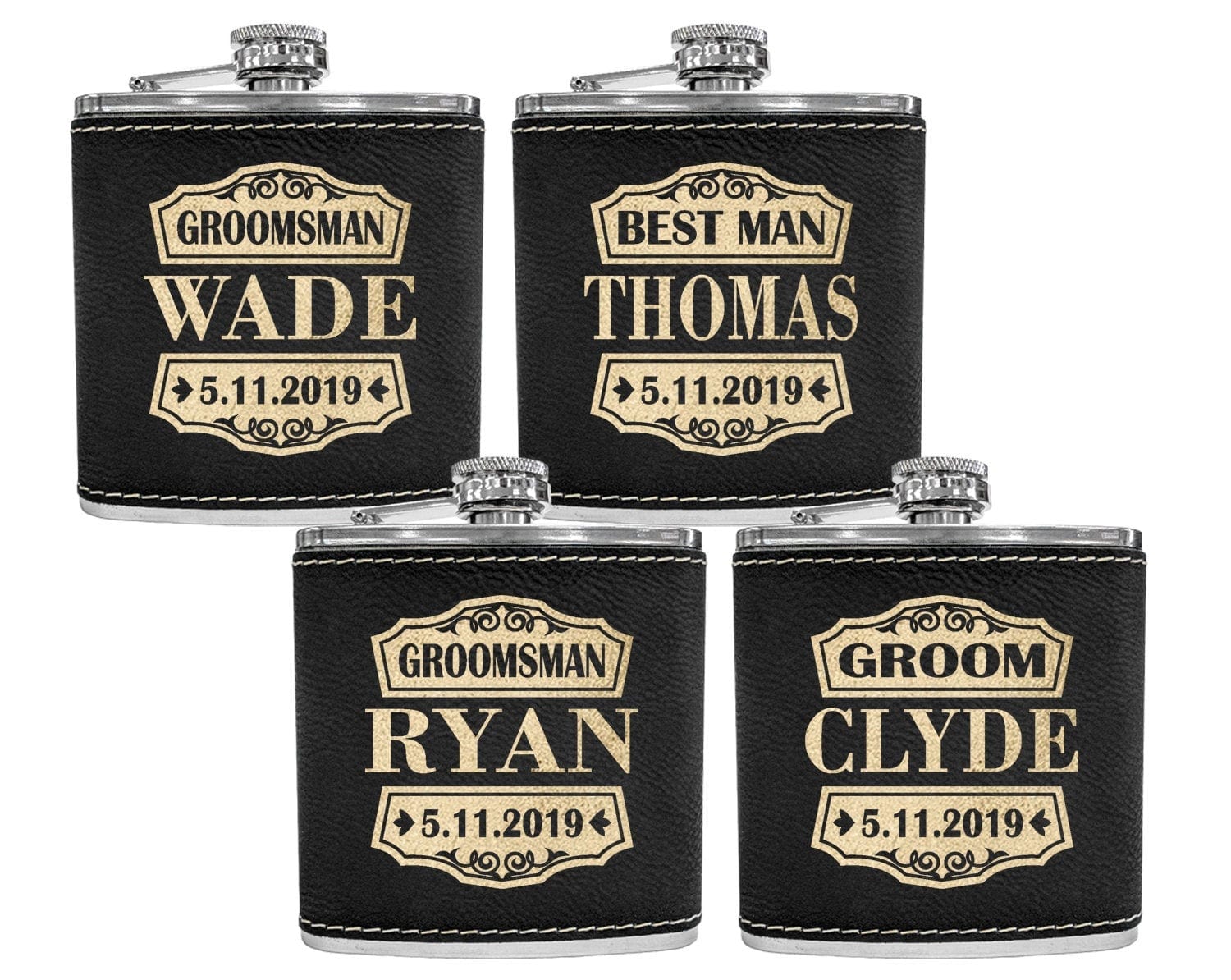 WEDDINGS Retro Classy Customize Black Leather Flask with Gold Engraving for Wedding Birthday Gift for Dad Husbands Present Unique Wife Gifts Best Man