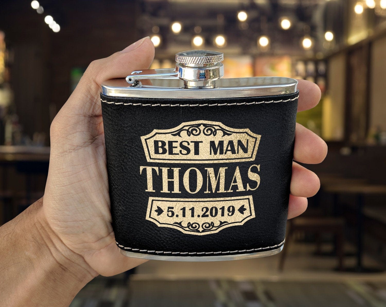 WEDDINGS Retro Classy Customize Black Leather Flask with Gold Engraving for Wedding Birthday Gift for Dad Husbands Present Unique Wife Gifts Best Man