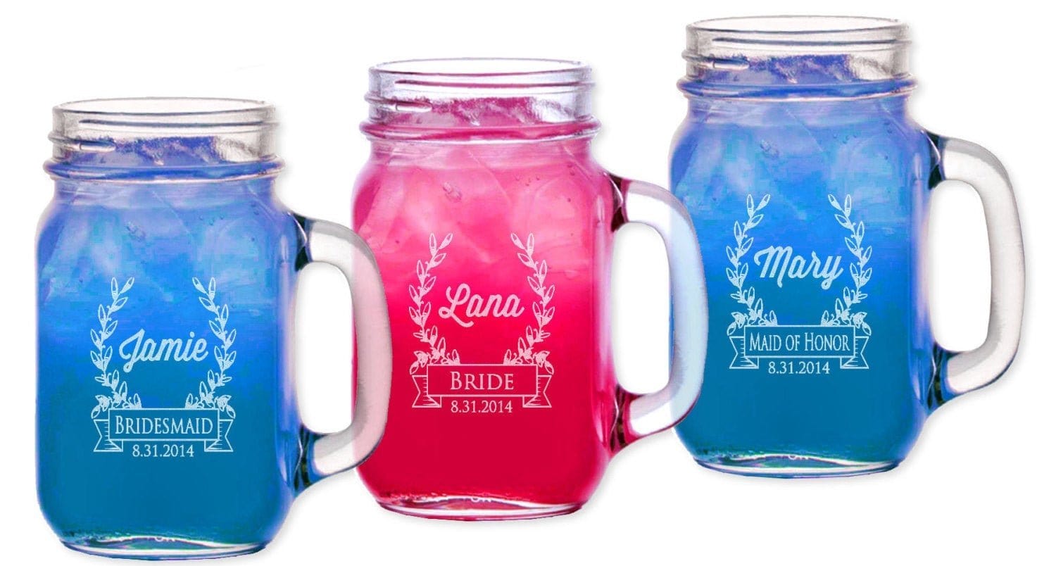 WEDDINGS Retro Wreath Bridesmaid Personalized Mason Mugs Gifts Handle Custom Engraved Wedding Party Idea for Groomsmen Drinking Glass Bulk  Discount