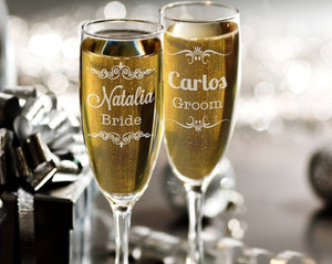 WEDDINGS Set of 2 Bride and Groom Personalized Champagne Glasses with Name Custom Engraved Wedding Toasting Champagne Flutes for Mr Mrs Newlyweds