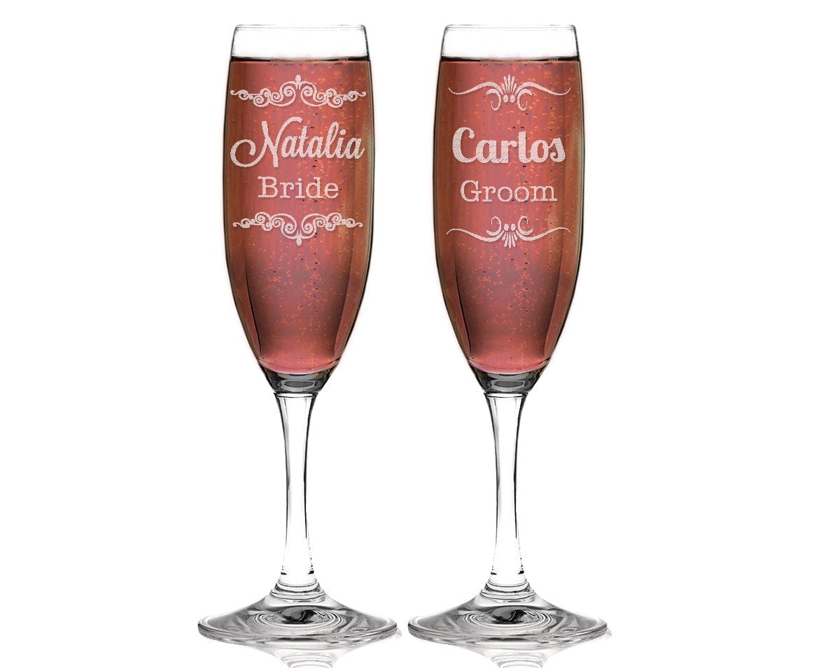 WEDDINGS Set of 2 Bride and Groom Personalized Champagne Glasses with Name Custom Engraved Wedding Toasting Champagne Flutes for Mr Mrs Newlyweds