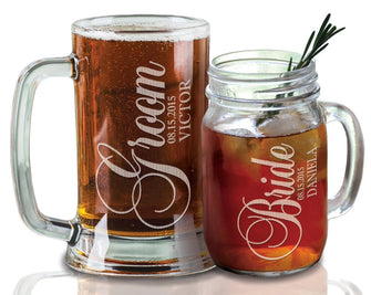 WEDDINGS Set of 2 Groom Bride Personalized Wedding Couples Gift for Him Her Combo Mason Beer Womens Mens Anniversary 30th 40th 50th Glass Mugs Gift