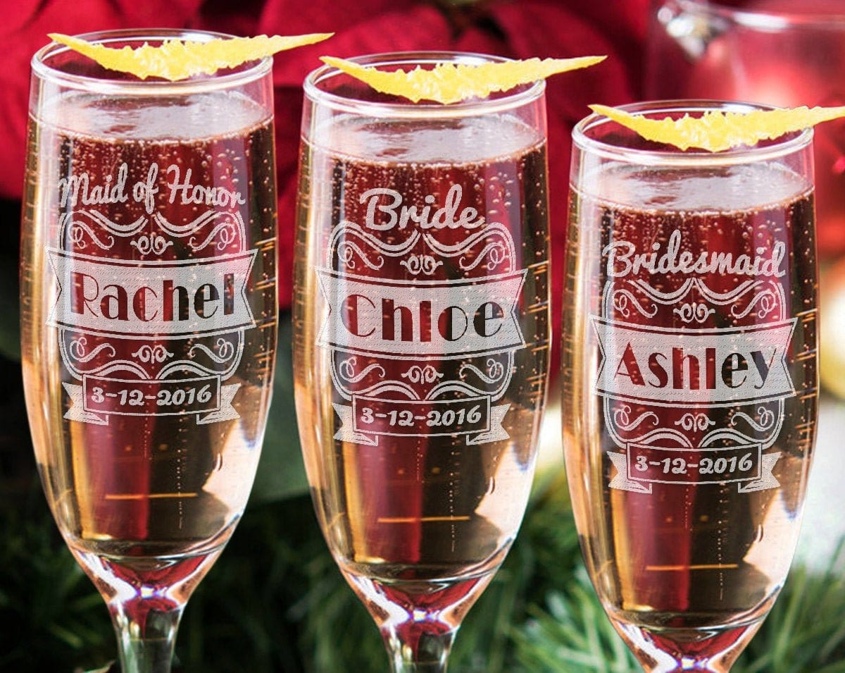 WEDDINGS Single Wedding Personalized Champagne Glass Flutes Custom Engraved Bridesmaid Bride Maid of Honor Champagne Glasses Bride Groom Gift