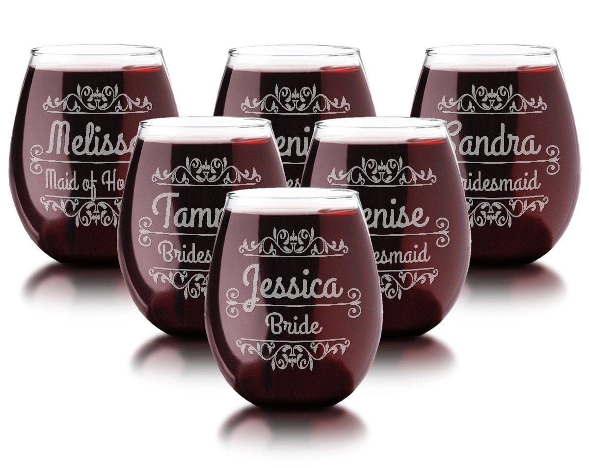 WEDDINGS Stemless SINGLE Personalized Engraved Wine Glass Rustic Wedding Party Decor Favor Bridal Shower Bridesmaid Wedding Parent Gift Newly Married