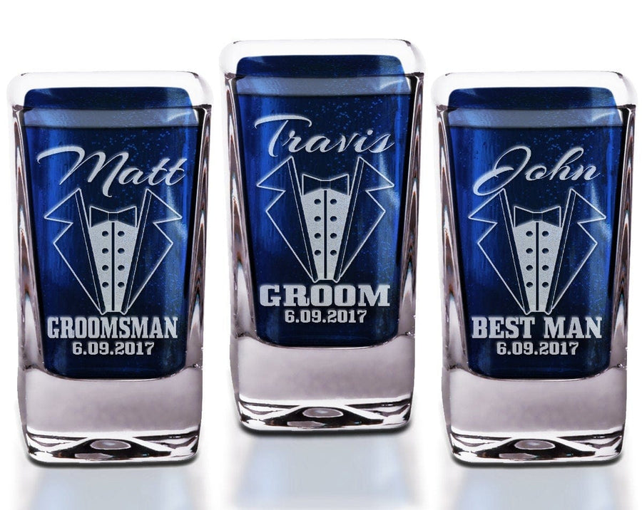 16 - Wedding Party Shot Glass, buying Wedding Shot Glasses. Groom/Bridesmaid gift idea. Tuxedo and Bridesmaid. Bride, Groom, Groomsmen. Gift idea.