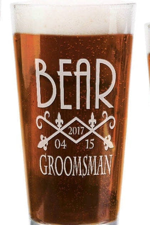 WEDDINGS Wedding Day ONE Fleur de lis Pub Glass 16Oz Team Groom Bridal Party Barware Engraved Gifts for Groomsmen Bridesmaid Wedding Party Decor Gift