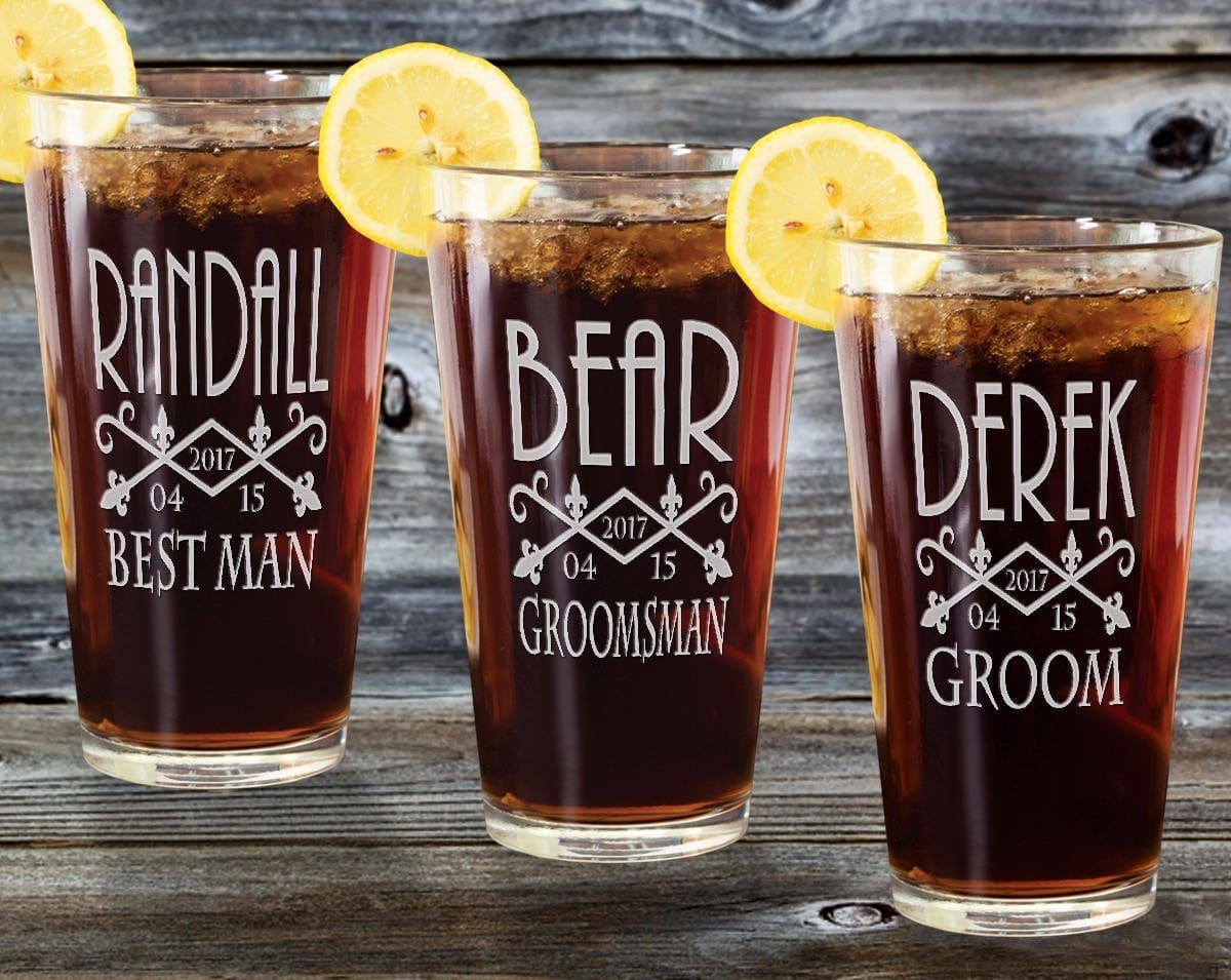 WEDDINGS Wedding Day ONE Fleur de lis Pub Glass 16Oz Team Groom Bridal Party Barware Engraved Gifts for Groomsmen Bridesmaid Wedding Party Decor Gift