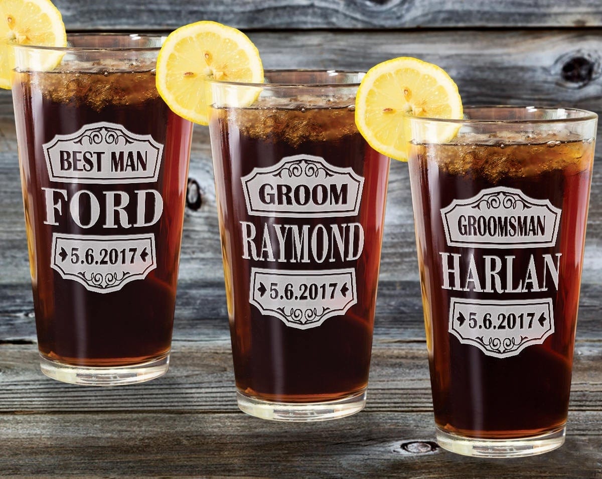 WEDDINGS Wedding Party SINGLE Shield Pub Glass Best Man Father of Bride Groomsman Gift from Groom Personalized Engraved Men Bachelor Party Idea