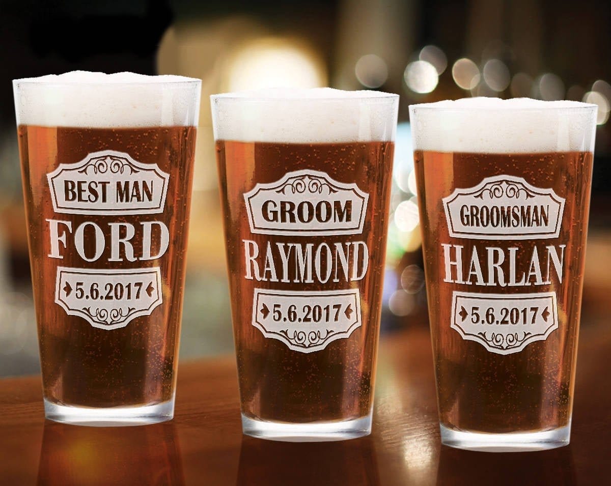 WEDDINGS Wedding Party SINGLE Shield Pub Glass Best Man Father of Bride Groomsman Gift from Groom Personalized Engraved Men Bachelor Party Idea