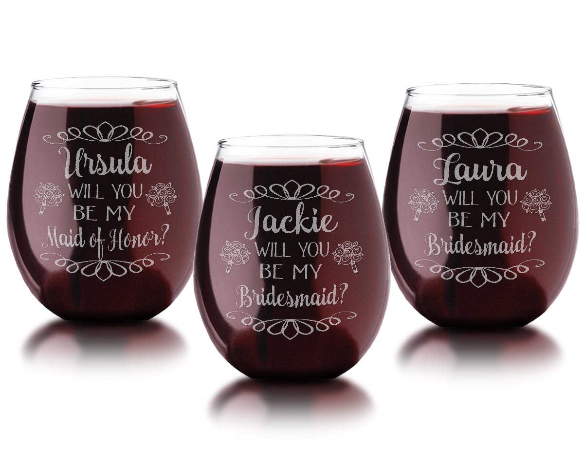 WEDDINGS Will You Be My ONE Personalized Stemless Wine Glass Asking Bridesmaid Maid of Honor Invite Gift Idea Bridal Party Gifts Bachelorette Favors