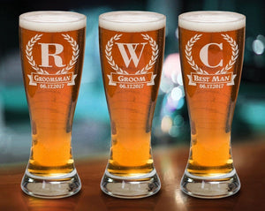WEDDINGS Wreathe Design Personalized Bachelor Mens Mug Engraved Party Favor Pilsner Glass for Groom Best Man Groomsmen Father of Bride Wedding Gift