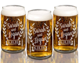 WEDDINGS Wreathe Personalized 16oz or 20oz Wedding Beer Can Couples Name with Date Glass Party Decor Wedding Bridesmaid Groomsmen Anniversary Favors