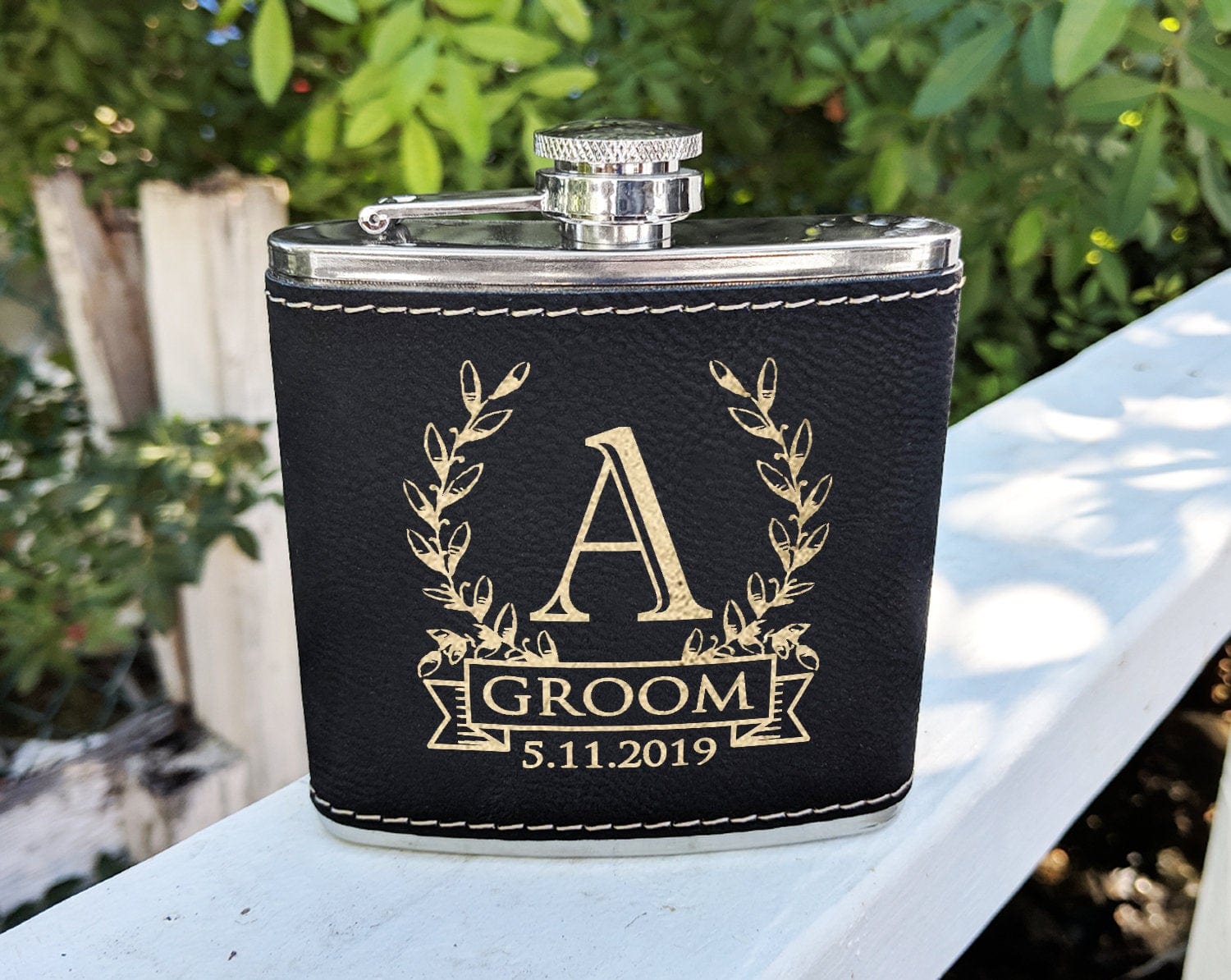 WEDDINGS Wreathe Single Monogram Initial Engraved Stainless Steel Flask Personalized Groomsmen Gift Father of Bride Present Fathers Day Dad Papa Pop