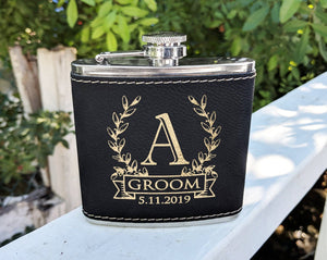 WEDDINGS Wreathe Single Monogram Initial Engraved Stainless Steel Flask Personalized Groomsmen Gift Father of Bride Present Fathers Day Dad Papa Pop