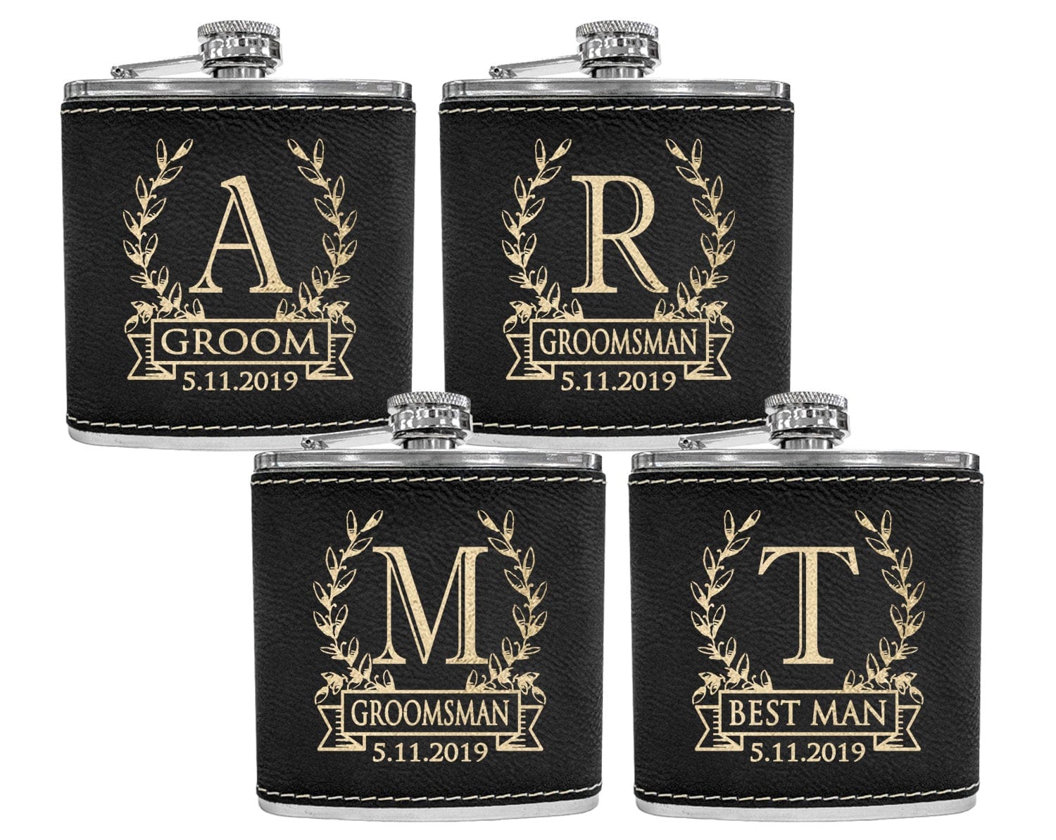 WEDDINGS Wreathe Single Monogram Initial Engraved Stainless Steel Flask Personalized Groomsmen Gift Father of Bride Present Fathers Day Dad Papa Pop
