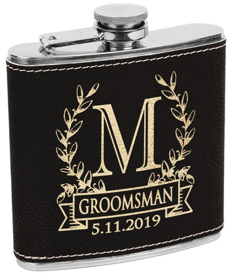 WEDDINGS Wreathe Single Monogram Initial Engraved Stainless Steel Flask Personalized Groomsmen Gift Father of Bride Present Fathers Day Dad Papa Pop