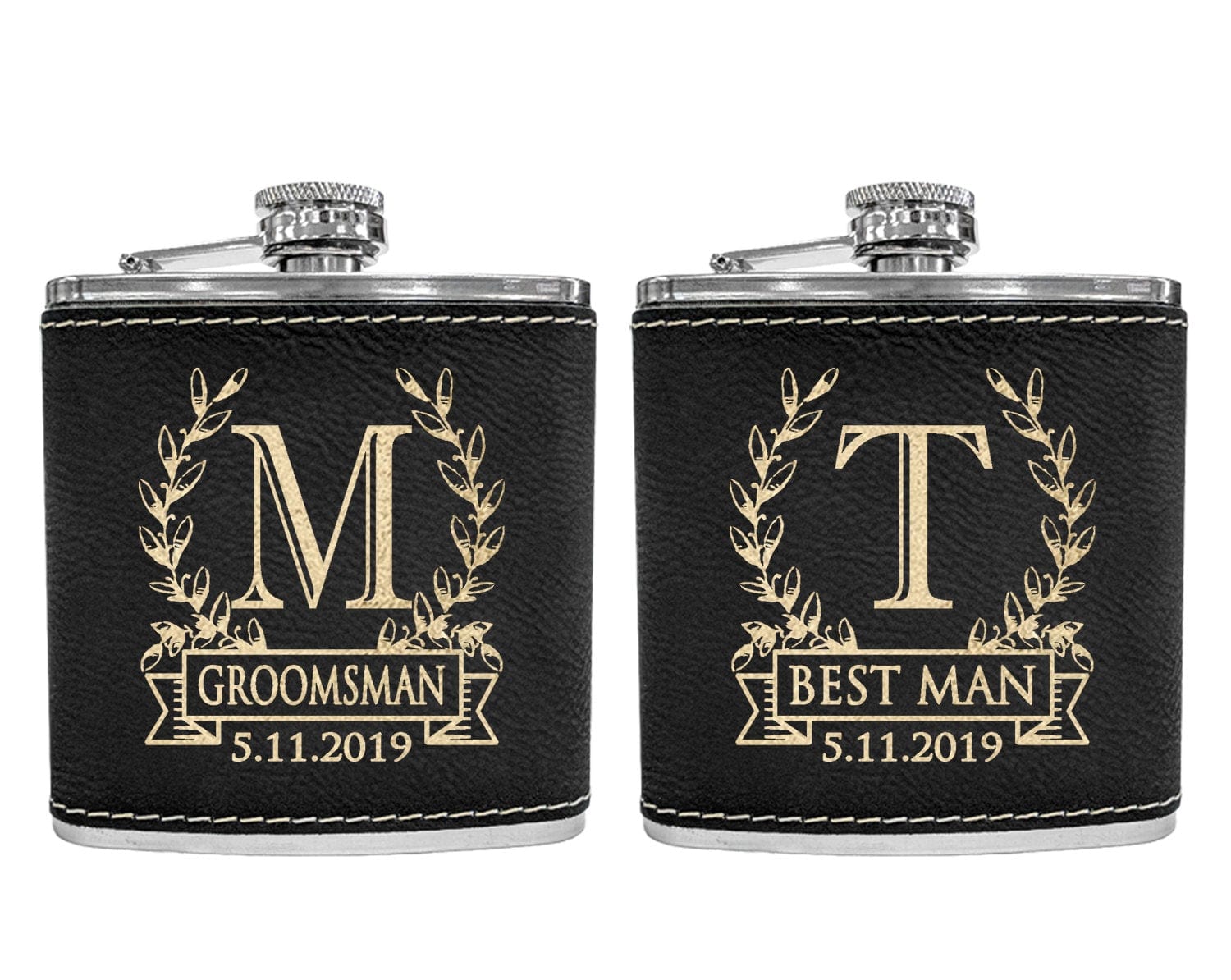 WEDDINGS Wreathe Single Monogram Initial Engraved Stainless Steel Flask Personalized Groomsmen Gift Father of Bride Present Fathers Day Dad Papa Pop
